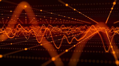 Teknoloji geçmişi. Soyut dairesel parçacık dalgası. Fütürist soyut dalgalar, parlayan ağ kıvrımları, dinamik akış. Ses dalgalarının görüntüsü. 3B görüntüleme