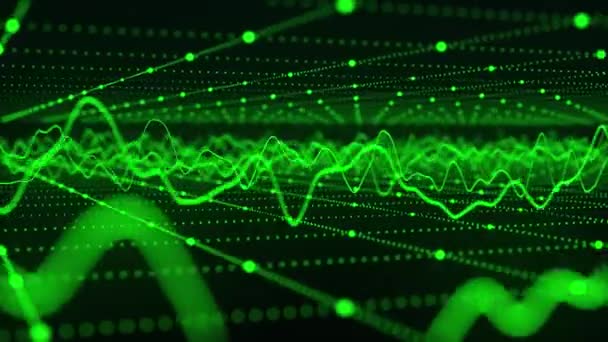 技術の背景 抽象的なデジタル粒子波 未来的な抽象的な波はグリッド曲線の動的流れを光らせます サウンドウェーブの可視化 3Dレンダリング 4Kアニメーション — ストック動画
