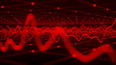 Teknoloji geçmişi. Soyut dairesel parçacık dalgası. Fütürist soyut dalgalar, parlayan ağ kıvrımları, dinamik akış. Ses dalgalarının görüntüsü. 3B görüntüleme