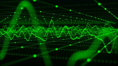 Teknoloji geçmişi. Soyut dairesel parçacık dalgası. Fütürist soyut dalgalar, parlayan ağ kıvrımları, dinamik akış. Ses dalgalarının görüntüsü. 3B görüntüleme