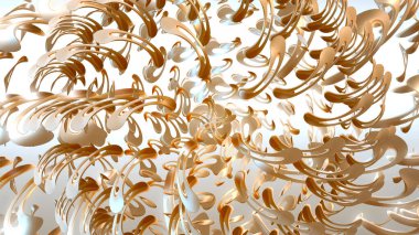 Açık arkaplandaki soyut renkli elementler. Geometrik Şekillerin Arkaplanı. Arkaplanda dönen altın rengi 3D parlak metal elementler. Vektör illüstrasyonu