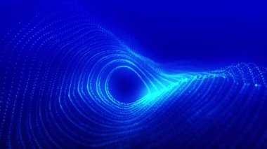 Teknoloji geçmişi. Soyut dairesel parçacık dalgası. Fütürist noktalı dalga. Ses dalgalarının görüntüsü. Pleksus etkisi. Üç boyutlu. Fütürist 4k animasyonu