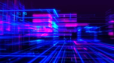 Soyut dijital teknoloji tüneli. Parçacıkların ve çizgilerin birleştiği soyut fütüristik bilim kurgu tüneli. Bağlantı ve bağlantılar kavramı. Büyük veri. 3B vektör illüstrasyonu