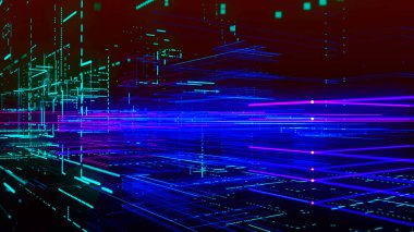 Soyut dijital teknoloji tüneli. Parçacıkların ve çizgilerin birleştiği soyut fütüristik bilim kurgu tüneli. Bağlantı ve bağlantılar kavramı. Büyük veri. 3B vektör illüstrasyonu