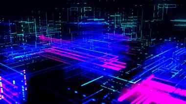 Soyut dijital teknoloji tüneli. Parçacıkların ve çizgilerin birleştiği soyut fütüristik bilim kurgu tüneli. Bağlantı ve bağlantılar kavramı. Büyük veri. 3B vektör illüstrasyonu