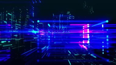 Soyut dijital, teknoloji tüneli. Parçacıklardan ve çizgilerden oluşan soyut fütüristik bir bilim kurgu tüneli. Bağlantı ve bağlantılar kavramı. Büyük veri. 3 boyutlu görüntüleme. Fütürist 4k animasyonu