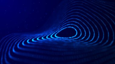 Teknoloji geçmişi. Soyut dairesel parçacık dalgası. Fütürist noktalı dalga. Ses dalgalarının görüntüsü. Pleksus etkisi. 3B görüntüleme