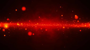 Neon kırmızısı arkaplanda soyut parçacık hareketi. Karanlık bir arka planda parlak ateş parçacıklarının hızlı hareket edişinin animasyonu. Uzay arkaplanı. 3B vektör