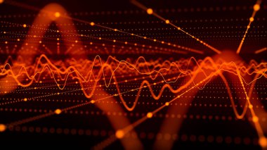 Teknoloji geçmişi. Soyut dairesel parçacık dalgası. Fütürist soyut dalgalar, parlayan ağ kıvrımları, dinamik akış. Ses dalgalarının görüntüsü. Diyagram. 3B vektör.