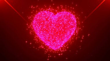 Valentines day and love animation, glowing particles, rays, Valentine and marriage concept, dark red gradient background. Happy Valentines Day background heart. 3d Vector