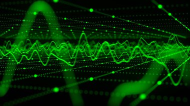 Teknoloji geçmişi. Soyut dairesel parçacık dalgası. Fütürist soyut dalgalar, parlayan ağ kıvrımları, dinamik akış. Ses dalgalarının görüntüsü. Diyagram. 3B vektör.