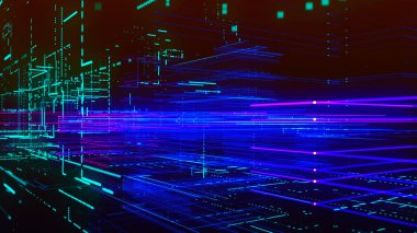 Soyut dijital, teknoloji tüneli. Parçacıklardan ve çizgilerden oluşan soyut fütüristik bir bilim kurgu tüneli. Bağlantı ve bağlantılar kavramı. Büyük veri. 3B görüntüleme