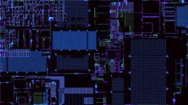 Bir devre kartı işlem verisinde soyut dijital bilgisayar işlemcileri ve elektronik bileşenler. Soyut ana kartın teknolojik temeli. Veri aktarımının 4K canlandırması.