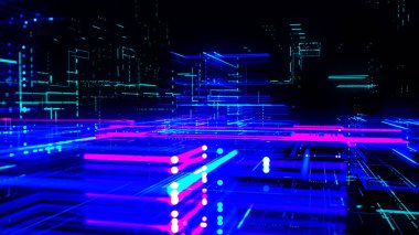 Soyut dijital teknoloji tüneli. Parçacıkların ve çizgilerin birleştiği soyut fütüristik bilim kurgu tüneli. Bağlantı ve bağlantılar kavramı. Büyük veri. 3B vektör illüstrasyonu