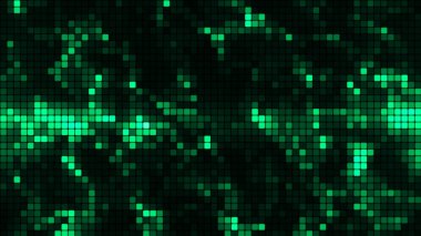 Teknoloji konseptinde yeşil mozaik arka plan. Soyut çok renkli LED kareler. Teknoloji dijital kare yeşil renk arkaplanı. Parlak piksel ızgara arka planı. 3B görüntüleme.