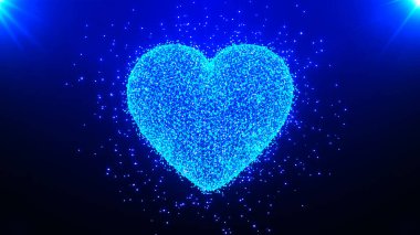 Sevgililer Günü ve aşk animasyonu, ışıldayan parçacıklar, ışınlar, sevgililer günü ve evlilik konsepti, koyu mavi eğimli arka plan. Sevgililer Gününüz kutlu olsun. 3d Vektör.