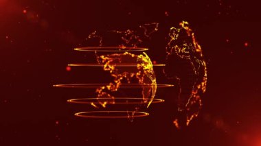 Dünya gezegeninin 3 boyutlu hologramı. Dünya hologramının karanlık arka planda 3 boyutlu canlandırması. Canlandırılmış dünya haritası arka planı. Dünya parçacıkları uzayda. 3B 4K animasyon.
