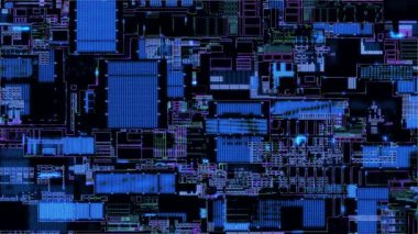 Bir devre kartı işlem verisinde soyut dijital bilgisayar işlemcileri ve elektronik bileşenler. Soyut ana kartın teknolojik temeli. Veri aktarımının 4K canlandırması.