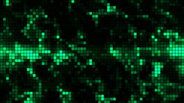 Teknoloji konseptinde yeşil mozaik arka plan. Soyut çok renkli LED kareler. Teknoloji dijital kare yeşil renk arkaplanı. Parlak piksel ızgara arka planı. Vektör arkaplanı.