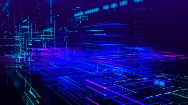 Veri akışı bilgisi. Dijital iletişim konsepti. Mavi fütürist akış. Parçacık ve çizgi örgülü soyut fütürist bilim kurgu geçmişi. Bağlantı ve bağlantı konsepti. 3B görüntüleme.