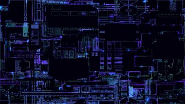 Bir devre kartı işlem verisinde soyut dijital bilgisayar işlemcileri ve elektronik bileşenler. Soyut ana kartın teknolojik temeli. Veri aktarımının 4K canlandırması.