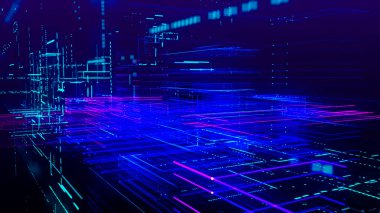 Veri akışı bilgisi. Dijital iletişim konsepti. Mavi fütürist akış. Parçacık ve çizgi örgülü soyut fütürist bilim kurgu geçmişi. Bağlantı ve bağlantı konsepti. 3B vektör illüstrasyonu.