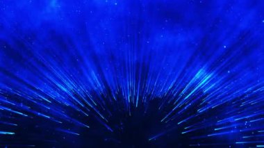Işınlar ve hareket noktalarıyla soyut mavi arka plan. Işık ışınları ve parlayan parçacıklarla soyut bir arkaplan. Geometrik tasarım elementinin animasyonu. 3 boyutlu görüntüleme. 4K canlandırması
