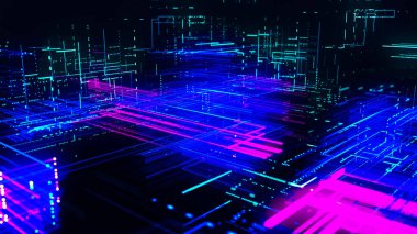 Veri akışı bilgisi. Dijital iletişim konsepti. Mavi fütürist akış. Parçacık ve çizgi örgülü soyut fütürist bilim kurgu geçmişi. Bağlantı ve bağlantı konsepti. 3B görüntüleme.