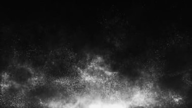 Yukarı doğru uçan parlak parçacıkların siyah beyaz animasyonu. Dinamik parçacıklar uzayda kaotik bir şekilde ağır çekimde yüzerler. Parıldayan parçacıklar. Havada gerçek renkli parçacıklar var. Üç boyutlu. 4K canlandırması.