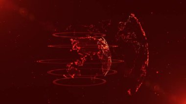 Dünya gezegeninin 3 boyutlu hologramı. Dünya hologramının karanlık arka planda 3 boyutlu canlandırması. Canlandırılmış dünya haritası arka planı. Dünya parçacıkları uzayda. 3B 4K animasyon.