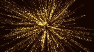 Altın parçacıkların havai fişek arka planı. Parlak havai fişek parçacıklarının koyu arkaplandaki soyut hacimli yapısı. Altın parıltı parçacığı. Altın parçacıklar 4k içinde patlar.