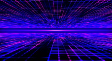 Sonsuz kablo şebekesi. Gelecekçi retro tarzı arka plan. Kablo şebekesi kayboluyor. Dijital ağ manzarası. Sanal alan. Geometrik çizgiler ve noktalar. 3d vektör illüstrasyonu