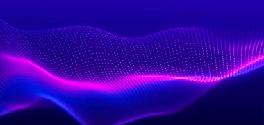 Gelecekçi parçacık dalgası. Soyut teknoloji geçmişi. Büyük veri görselleştirmesi. Pleksus etkisi. 3 boyutlu geniş ekran. Vektör illüstrasyonu