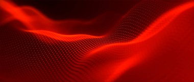 Gelecekçi parçacık dalgası. Soyut teknoloji geçmişi. Büyük veri görselleştirmesi. 3 boyutlu geniş ekran. Vektör illüstrasyonu.