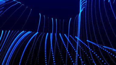 Dijital teknoloji geçmişi. Parlayan noktaların dinamik dalgası. Renkli müzik dalgası. Parlak çizgiler. Sunum tasarımı için fütüristik arka plan. Vektör illüstrasyonu