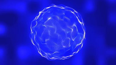 Fütürist sıvı geometrik küre. Küre içinde hareket eden sıvı parçacıkları içeren soyut hareket grafikleri. Soyut organik hücre. Sihirli top, Neon küresi. Vektör illüstrasyonu.