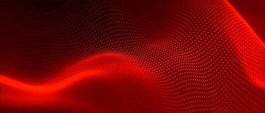 Gelecekçi parçacık dalgası. Soyut teknoloji geçmişi. Büyük veri görselleştirmesi. 3 boyutlu geniş ekran. Vektör illüstrasyonu.