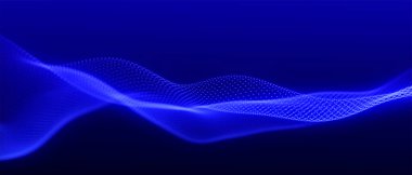 Gelecekçi parçacık dalgası. Soyut teknoloji geçmişi. Büyük veri görselleştirmesi. Pleksus etkisi. 3 boyutlu geniş ekran. Vektör illüstrasyonu