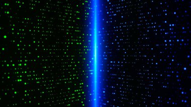 Teknoloji geçmişi. Titreyen parçacıkların soyut dijital dalgası. Parçacıkların gelecekteki noktalı çizgileri. Ağ bağlantısı yapısı. Vektör illüstrasyonu