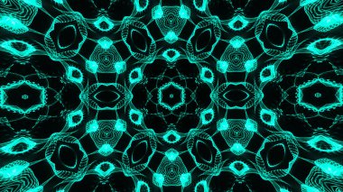 Soyut güzel çok renkli kaleydoskopik arkaplan. Psikedelik turkuaz geometrik şekiller. Güzel çok renkli kaleydoskopik doku. Eşsiz kaleydoskop tasarımı.