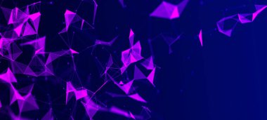 Noktaları ve çizgileri hareket ettiren soyut dijital bağlantı. Teknoloji geçmişi. Ağ bağlantısı yapısı. Renkli çokgen boşluk. Pleksus etkisi. 3 boyutlu geniş ekran. Vektör illüstrasyonu.