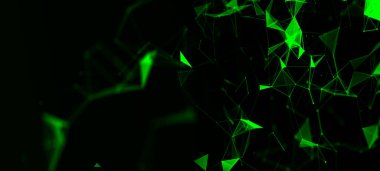 Noktaları ve çizgileri hareket ettiren soyut dijital bağlantı. Teknoloji geçmişi. Ağ bağlantısı yapısı. Renkli çokgen boşluk. Pleksus etkisi. 3 boyutlu geniş ekran. Vektör illüstrasyonu.