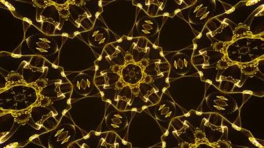 Soyut animasyon güzel çok renkli kaleydoskopik arka plan. Psikedelik altın geometrik şekiller. Güzel çok renkli kaleydoskopik doku. 4K içinde eşsiz mücevher kaleydoskop tasarımı.