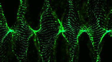 Dinamik dalgalı soyut bir arkaplan. Noktalı fütüristik dalga. Büyük veri konsepti. Soyut teknoloji geçmişi. 3B görüntüleme