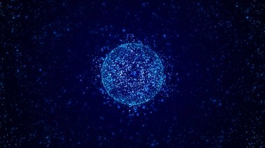 Soyut 3D fütüristik küre. Genel ağ bağlantısı. Noktalardan ve çizgilerden oluşan bir küre. Büyük veri görselleştirmesi. Pleksus. 3D Fütürist dijital arkaplan