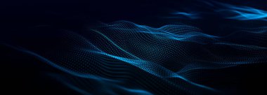 Gelecekçi parçacık dalgası. Soyut teknoloji geçmişi. Büyük veri görselleştirmesi. 3 boyutlu geniş ekran. Vektör illüstrasyonu.