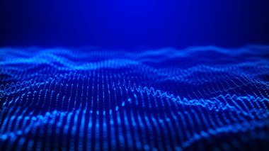 Dinamik dalgalı soyut bir arkaplan. Noktalı fütüristik dalga. Büyük veri konsepti. Soyut teknoloji geçmişi. 3B görüntüleme