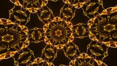 Soyut animasyon güzel çok renkli kaleydoskopik arka plan. Psikedelik altın geometrik şekiller. Güzel çok renkli kaleydoskopik doku. 4K içinde eşsiz mücevher kaleydoskop tasarımı.