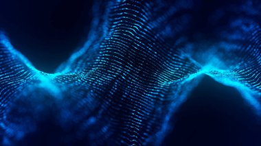 Gelecekçi parçacık dalgası. Soyut teknoloji geçmişi. Dönen parçacık şekilleri. Karanlık arka plan. Büyük veri görselleştirmesi. Vektör illüstrasyonu.