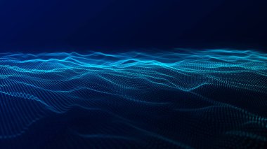 Parlayan noktaların dinamik dalgası. Gelecekçi nokta dalgası. Ağ bağlantısı yapısı. Sunum tasarımı için fütüristik arka plan. Teknoloji ya da bilim afişi. Vektör illüstrasyonu
